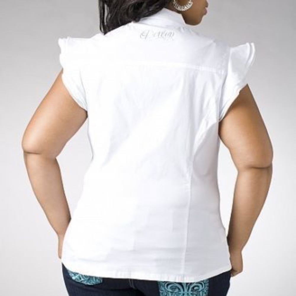 NEW Dereon White Stretch Poplin Snap down shirt ruffle sleeve PLUS 1X - Picture 4 of 15
